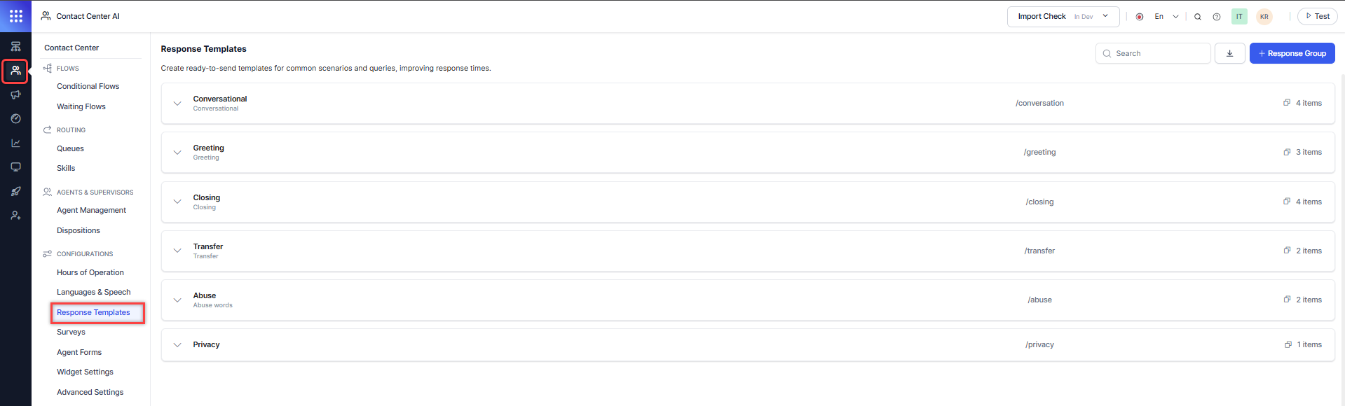 
Response Templates Page